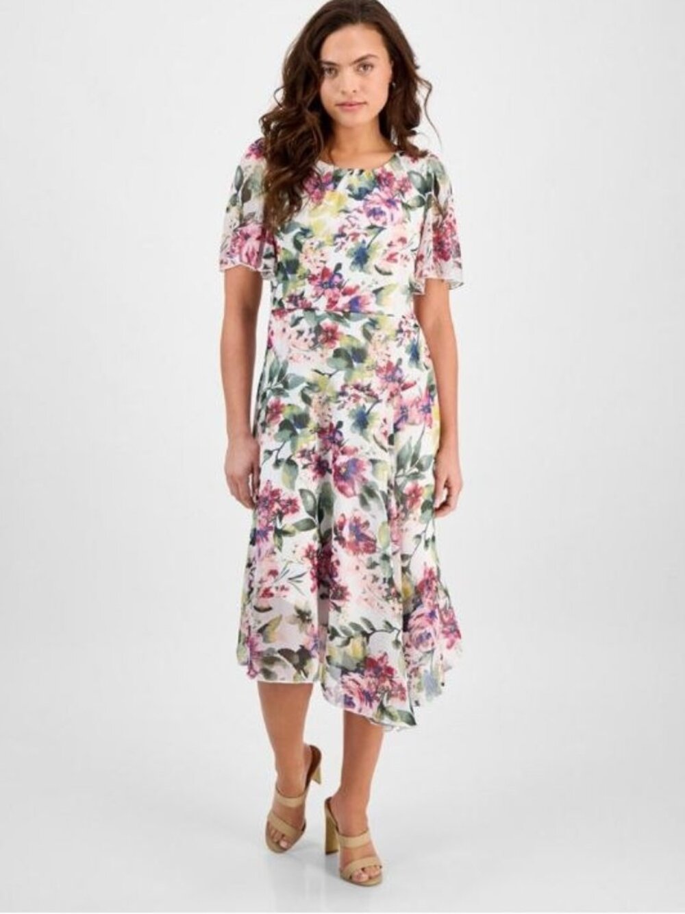 $89 Connected Apparel Printed Asymmetric Flutter-Sleeve Dress Size 16W